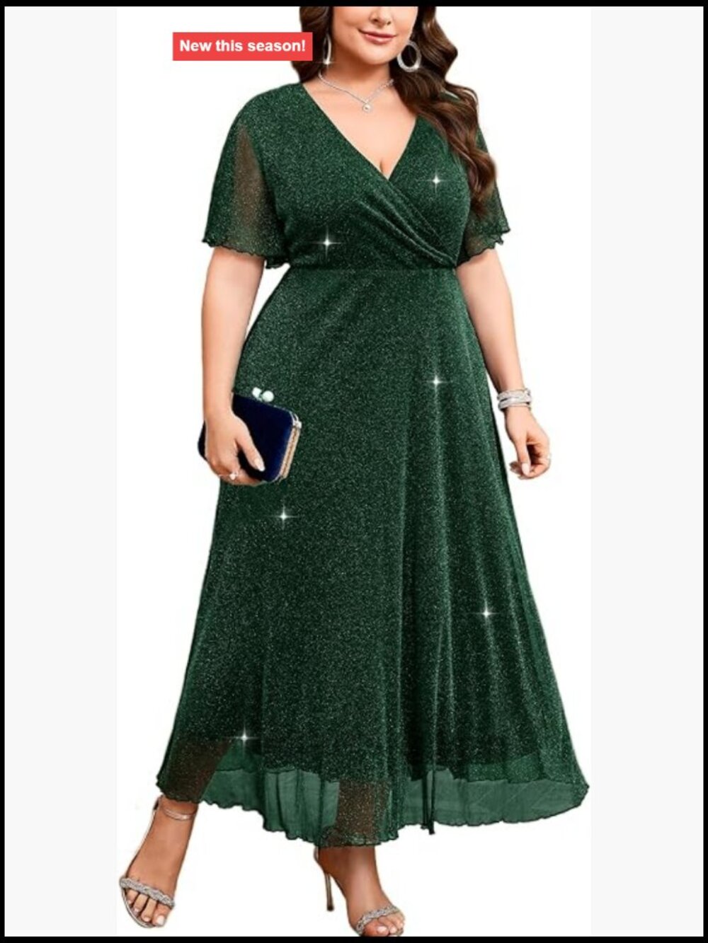 Plus Size Sparkly Maxi Dress V-Neck Ruffle Sleeve A-Line Glitter Gown